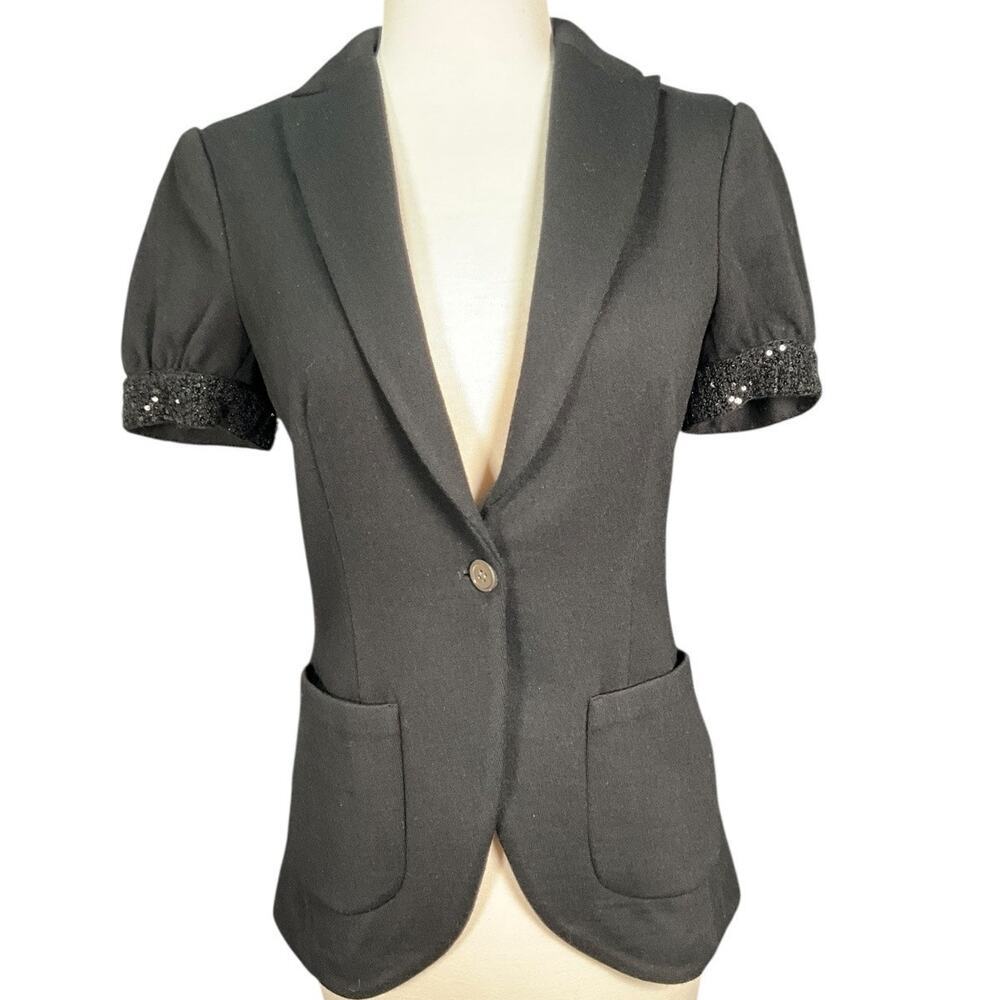 ISLI Black Sequin Sleeve Short-Sleeve Blazer Size 8 (100% Wool Blend) Vintage - Picture 13 of 13